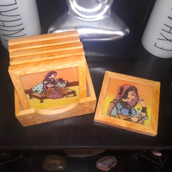 7 Piece Coaster Set Wood Glass Top With Holder Boho Gypsy Goddess RARE - Picture 5 of 9